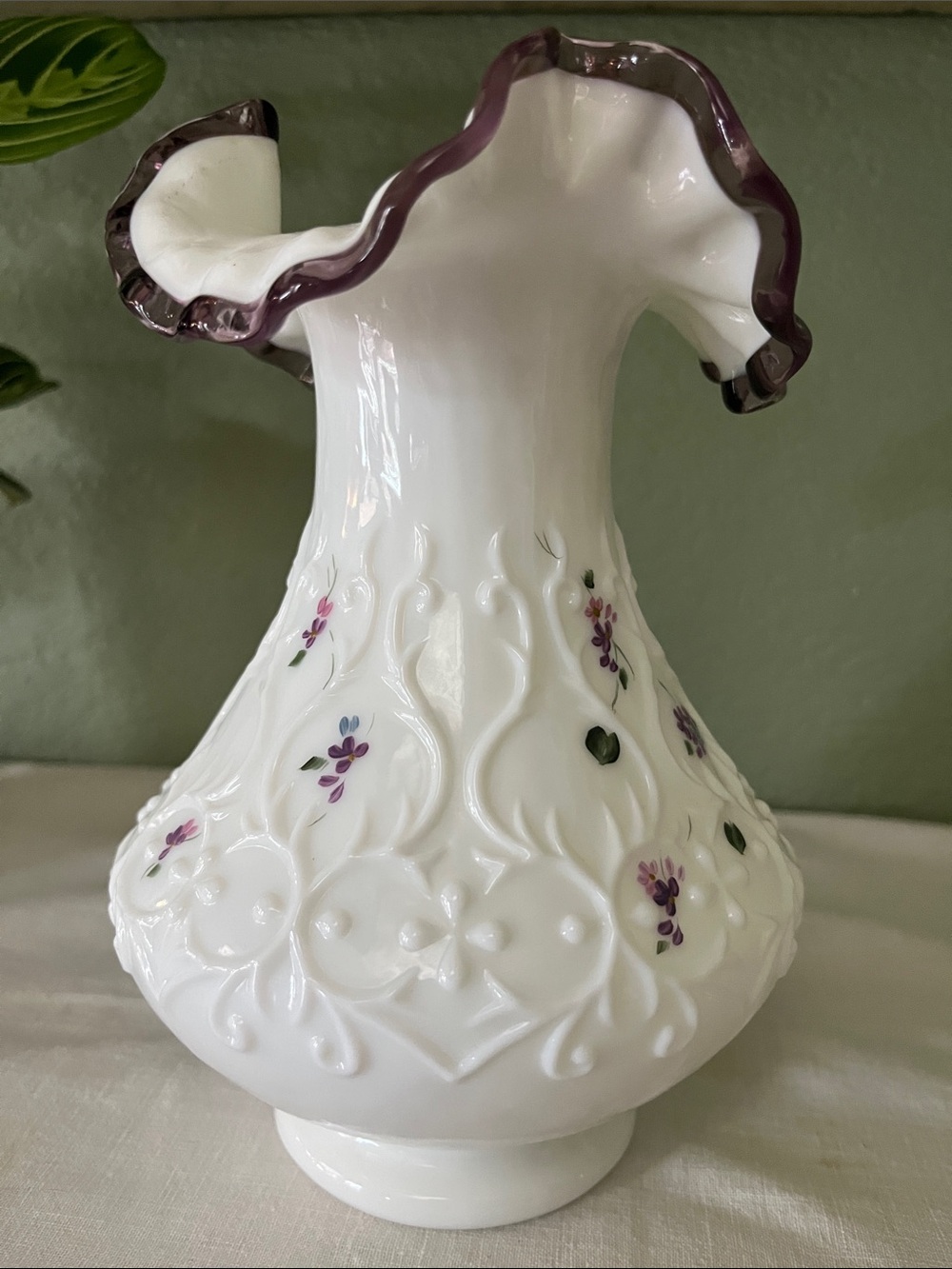 Vintage Fenton Violets in the Snow Amethyst Crest Spanish Lace Vase Signed